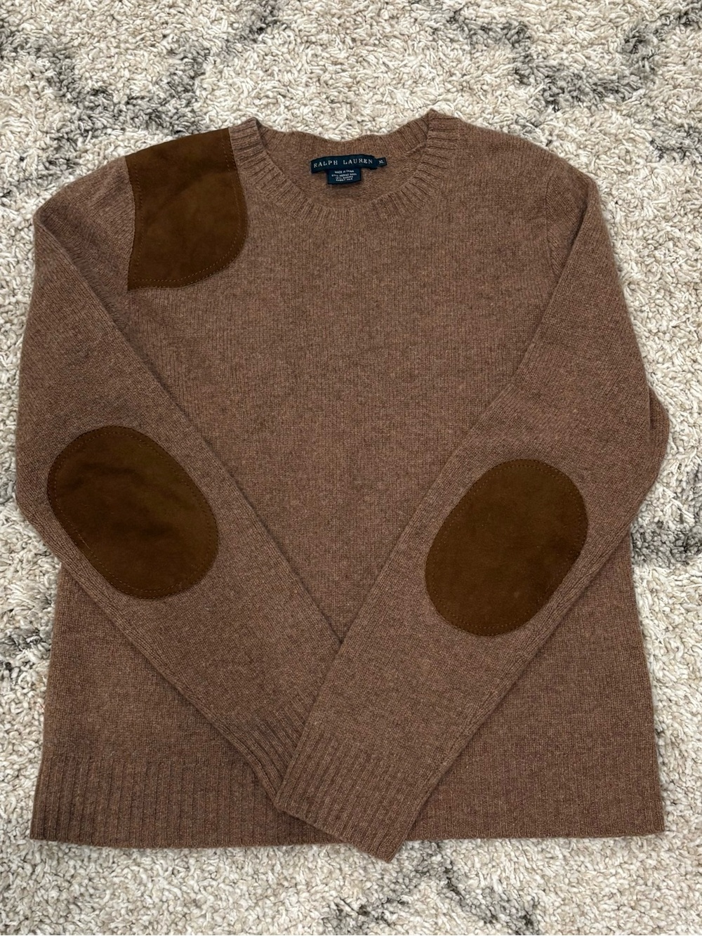 Ralph Lauren Merino Angora Suede Patch Sweater XL Prep Dark Academia